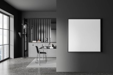 Gri duvarları, beton zemini, sandalyeli rahat bilgisayar masası ve sağında kare şeklinde poster olan şık bir ofis. 3d oluşturma