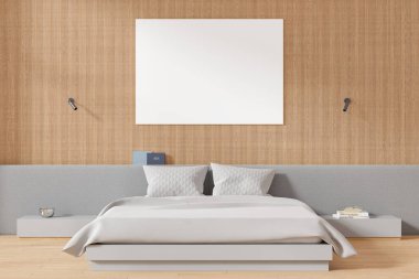 Bej rengi otel odasının iç yatağı, hafif yatak örtüsü, ahşap zemin süslemeli komodin. İçinde fotokopi odası posteri olan bir uyku odası. 3B görüntüleme