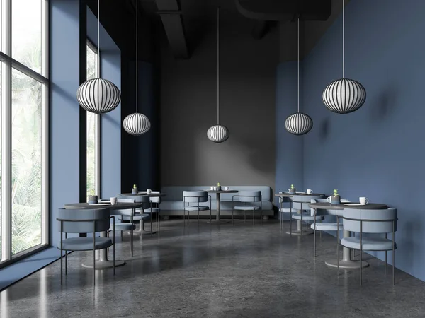 Interior Elegante Restaurante Com Paredes Cinza Azul Piso Concreto Mesas — Fotografia de Stock