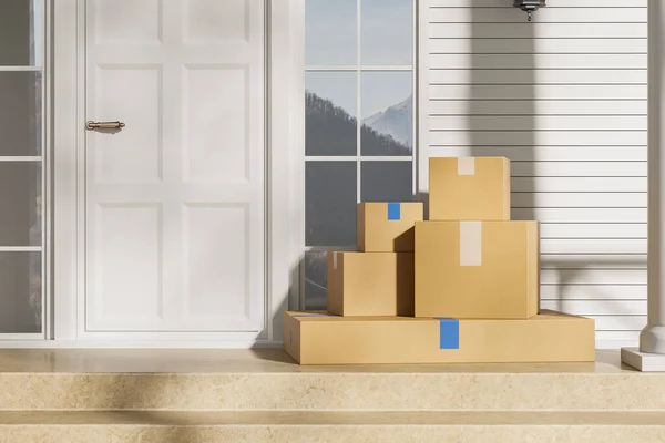 Closed cardboard boxes at the home doorstep, front view house door with parcels on stairs. Concept of delivery and courier. Mock up copy space. 3D rendering illustration