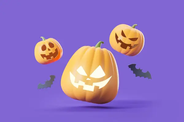 Tre Zucche Halloween Spaventosi Cartoni Animati Occhi Incandescenti Volare Con — Foto Stock