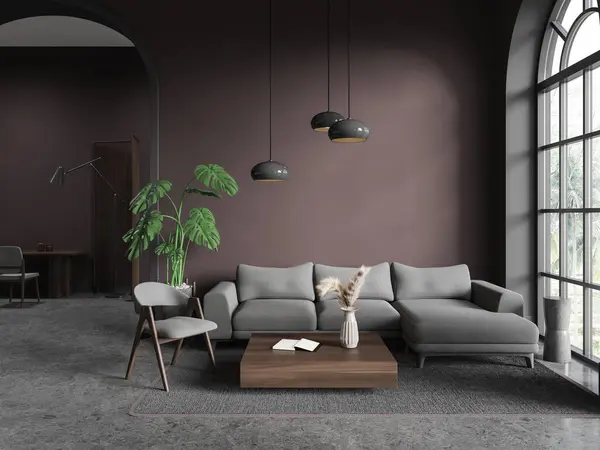 Dark chill room interior with sofa and armchair, coffee table on carpet with decoration. Lounge zone with partition, arched panoramic window on tropics. 3D rendering