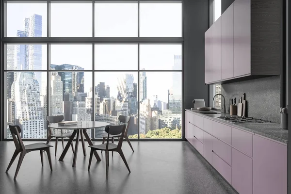 Violet home kitchen interior with dining table and cabinet, kitchenware with stove and coffee maker. Panoramic window on New York skyscrapers. 3D rendering