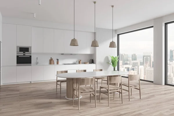 Ecke Der Modernen Küche Mit Weißen Wänden Holzboden Bequemen Weißen — Stockfoto