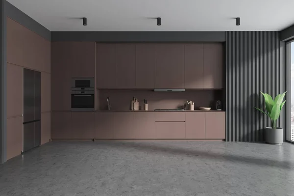 Dark Home Kitchen Interior Brown Cabinet Design Modern Kitchenware Coffee — Stock Photo, Image