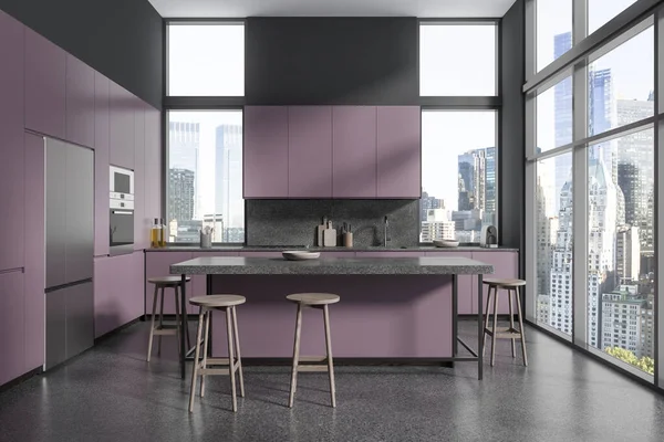 Violeta Casa Cozinha Interior Com Bar Ilha Armário Utensílios Cozinha — Fotografia de Stock