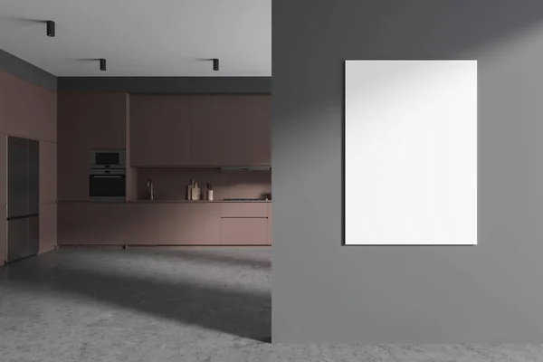 灰色の壁 コンクリートの床 大きい冷蔵庫および調理器 シンクおよびオーブンで造られる快適な茶色のカップボードおよびキャビネットが付いているスタイリッシュな台所の内部 垂直モックアップポスター 3Dレンダリング — ストック写真
