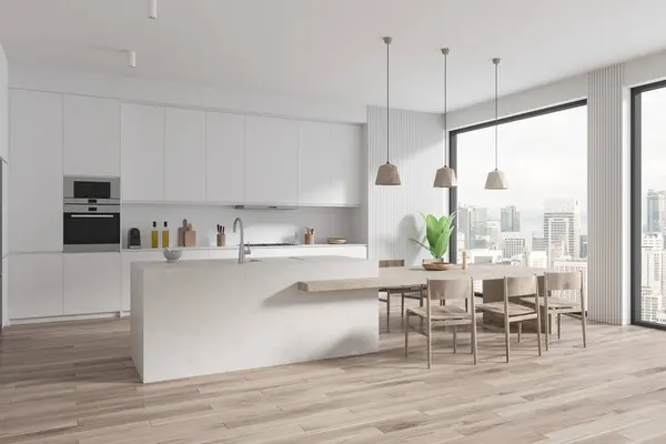 White home kitchen interior with bar island and chairs, side view hardwood floor. Stylish cooking corner with cabinet and panoramic window on Kuala Lumpur skyscrapers. 3D rendering