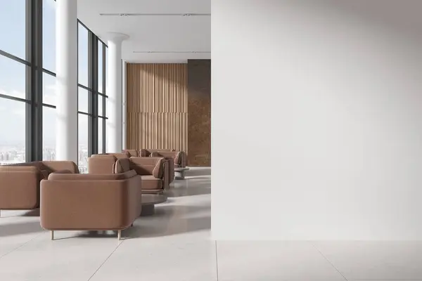 Stylish hotel lobby interior with brown armchairs and coffee table in row, columns on white tile floor. Panoramic window on New York skyscrapers. Mockup copy space wall partition. 3D rendering