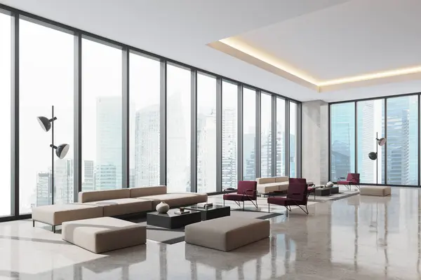 Ecke Des Modernen Büro Wartezimmers Mit Panoramafenstern Weißer Decke Gefliestem — Stockfoto