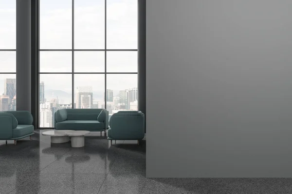 黑暗的写字楼休息区内部有蓝色沙发和咖啡桌 灰色花岗岩地板上有柱子 吉隆坡摩天大楼的全景窗户 模拟复制空间分区 3D渲染 — 图库照片