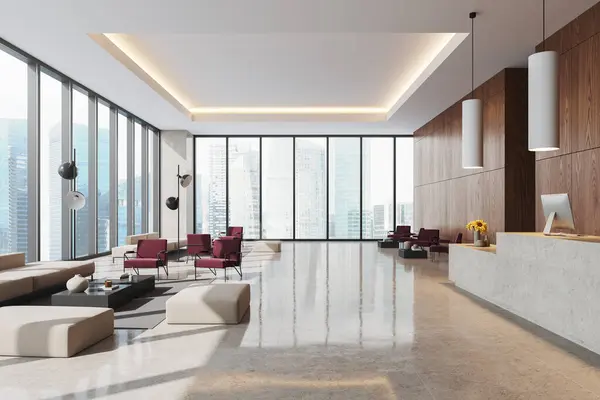 Luxury office lobby interior reception desk, waiting space with sofa and coffee table. Consulting or relaxing room with panoramic window on Singapore skyscrapers. 3D rendering