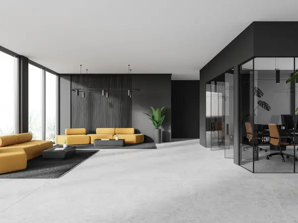 Donker Zakelijk Interieur Met Lounge Zone Bank Decoratie Gang Glazen — Stockfoto