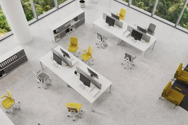 商务工作区内部的顶部视图 有电脑和椅子排成一排 架子上有文件夹 时尚的办公室工作场所 全景窗口在热带地区 3D渲染 — 图库照片
