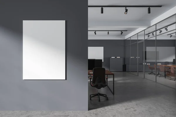 Dark business interior with coworking room with pc computer, glass meeting room with board. Minimalist modern furniture with drawer. Mock up canvas poster on partition. 3D rendering