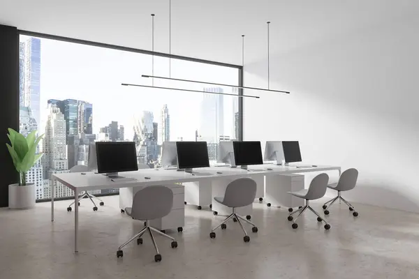 White office interior with chairs and table in row, light concrete floor. Business work corner with pc computers, panoramic window on New York city view. 3D rendering