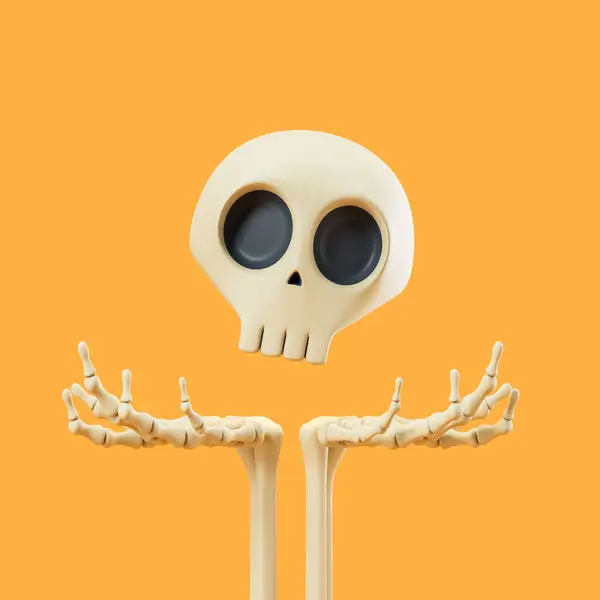 オレンジ色の背景を持つ漫画キャラクタースケルトンヘッド おかしい頭蓋骨と骨 ハロウィーンのコンセプト トリック または死者の日 3Dレンダリングイラスト — ストック写真