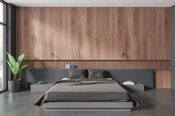 Dark home bedroom interior with bed and grey bedding, nightstand with decoration on dark granite floor. Sleep room with panoramic window on skyscrapers. 3D rendering