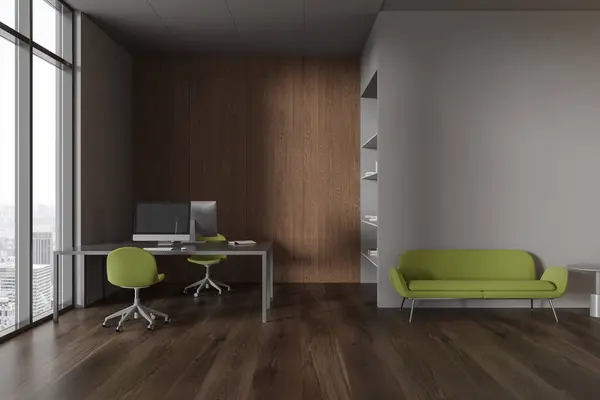 Dark Office Interior Shared Table Desktop Lounge Zone Green Sofa — Stock Photo, Image