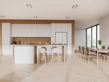 Bar tezgahı, lüks dolap tasarımı, buzdolabı ve tropiklerde panoramik pencereli koltuklu yemek masası olan şık bir ev mutfağı. 3B görüntüleme