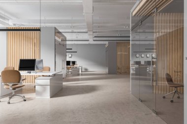 Çalışma odası ve cam konferans odası, sandalye ve bilgisayar ortak masa üzerinde rahat bir iş yeri. Teknolojisi ve çalışma alanları olan minimalist bir çatı katı. 3B görüntüleme
