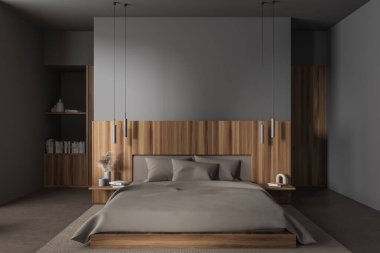 Yatak odası, yatak odası, kahverengi yatak odası ve dekorasyonlu raf, kahverengi beton zeminde halı. Dinlenme odası ve fotokopi duvarı. 3B görüntüleme