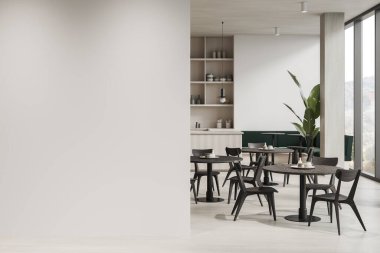 İçi beyaz bar tezgahlı, sıra sıra yemek masası, açık beton zemin. Mobilyalı ve panoramik pencereli modern yemek odası. Model duvar bölmesi. 3B görüntüleme