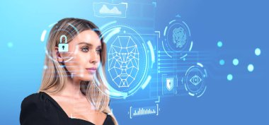 Güzel iş kadını portresi, dijital biyometrik tarama ve veri analizi sanal ekranı. Yüz tanıma ve şifreli kişisel bilgiler. Yüz tanıma ve yapay zeka kavramı