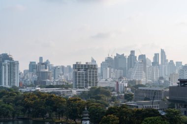 Bangkok şehir manzarası gökdelenlere ve park alanına panoramik manzara. Bulutlu gökyüzünün altındaki apartman ve ofis binaları. Asya Büyükşehir İş Merkezi