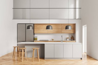 Beyaz duvarları, ahşap zemini, ahşap dolapları ve tencere ve lavabo ve tabureleri olan rahat gri bir adaya sahip modern iki katlı mutfağın içi. 3d oluşturma