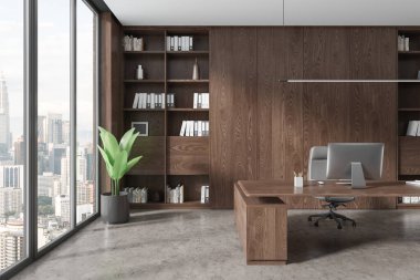 Ahşap duvarları, beton zemini, rahat ahşap masa ve şehir manzaralı panoramik pencerenin yanında duran klasörlü kitaplığı olan şık CEO ofisi. 3d oluşturma