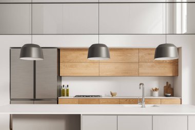 Barın içinde mutfak tezgahı, lavabo, soba ve mutfak gereçleri var. Rafları ve buzdolabı olan ahşap bir dolap. Modern dairede şık bir yemek pişirme alanı. 3B görüntüleme