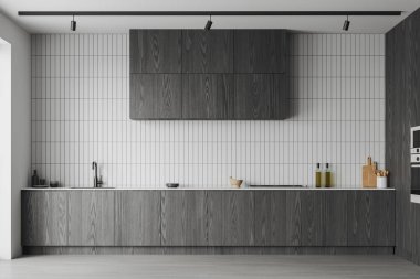 Beyaz fayanslar, ahşap mutfak iç mimarisi, dolaplar, aletler, gri beton zemin. Modern dairede mutfak aletleri olan şık bir yemek odası. 3B görüntüleme