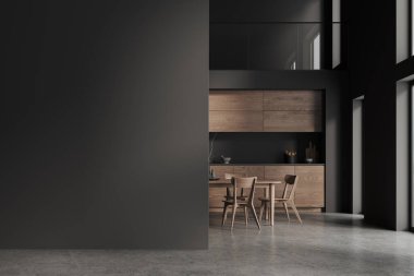 Karanlık ev mutfağı, yemek masası, sandalyeler, gri beton zemin. Dolabı ve panoramik penceresi olan yemek odası. Uzay duvarının bölümlerini kopyala. 3B görüntüleme