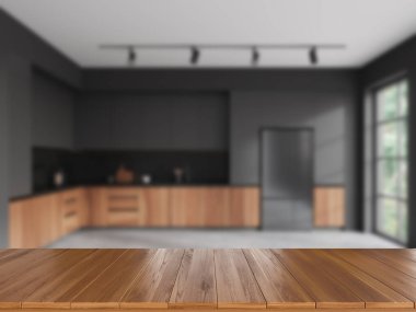 Buzdolabı ve panoramik pencereli lüks ev mutfağının arka planında boş ahşap masa. Ürün görüntüleme için kopyalama alanı. 3B görüntüleme