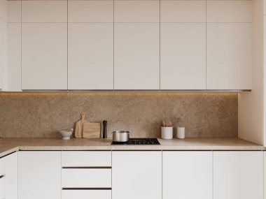 Lüks mutfak tasarımı, ocak ve esrar, bej granit tezgahta minimalist mutfak gereçleri. Modern bir dairede yemek pişirme yeri. 3B görüntüleme