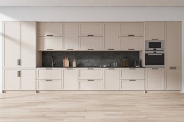 Beyaz duvarları, ahşap zemini, rahat ahşap dolapları ve fırında pişirilmiş dolapları olan modern mutfağın içi. 3d oluşturma