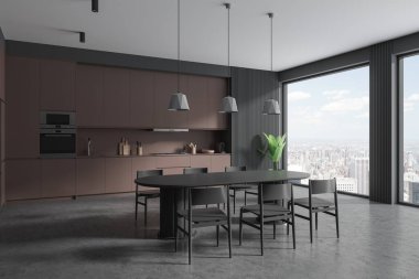 Gri duvarları, beton zemini, rahat kahverengi dolapları, lavabo, fırın ve ahşap sandalyeli uzun oval yemek masası olan şık bir mutfağın köşesi. 3d oluşturma