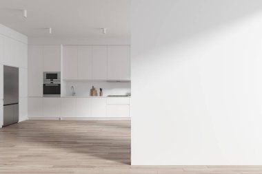 Beyaz duvarları, ahşap zemini, büyük buzdolabı, rahat beyaz dolaplar ve fırını olan modern mutfak. Sağ taraftaki uzay duvarını kopyala. 3d oluşturma