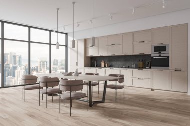 Modern mutfağın köşesinde beyaz duvarlar, ahşap zemin, rahat ahşap dolaplar ve dolaplar ve panoramik pencerenin yanında duran bej sandalyeli uzun yemek masası. 3d oluşturma