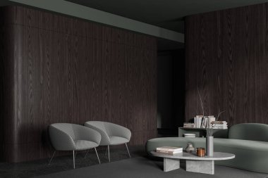 Koyu ahşap oturma odasının içi kanepe ve koltuklarla döşenmiş, yan görüş sehpası ve dekorasyonlu kahve masası. Modern dairede yumuşak bir köşesi olan rahat bir köşe. 3B görüntüleme