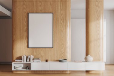 Beyaz ve ahşap duvarlı modern oturma odasının içi, ahşap zemin, üzerinde kitaplar ve vazolar asılı rahat beyaz şifonyer ve üzerinde dikey maket posterler asılı. 3d oluşturma