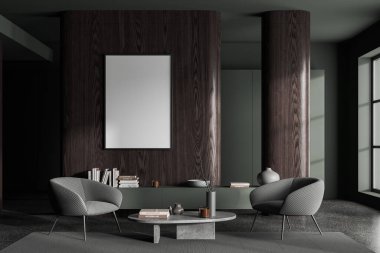 İki koltuk, büfe ve süslemeli kahve masası olan koyu renkli bir oturma odası. Ahşap duvar bölmesindeki tuval posterini taklit et. 3B görüntüleme