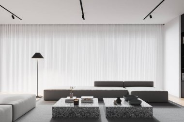 Beyaz duvarları, ahşap zemini, panoramik pencerenin yanında duran ve perdeleri ve kare sehpaları olan modern oturma odasının içi. 3d oluşturma