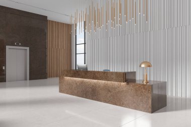 Lüks beyaz ve kahverengi otel lobisi mermer resepsiyon masası, bilgisayar, fayans granit zemin. Yan görüş asansörü ve gökdelenlerin panoramik penceresi. 3B görüntüleme