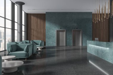 Modern otel lobisi resepsiyon masası ve asansör koltukları ve kahve masası olan sakin bir yer. Kuala Lumpur gökdelenlerinde panoramik pencereli bekleme ya da buluşma alanı. 3B görüntüleme