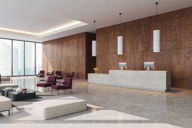 Modern ofis bekleme odasının köşesinde ahşap duvarlar, beyaz tavan, fayanslı zemin, iki bilgisayarlı uzun beyaz resepsiyon masası, rahat koltuklar ve ziyaretçiler için kahve masaları. 3d oluşturma