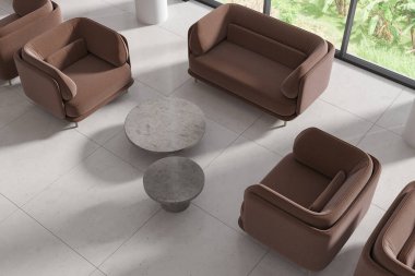 En iyi otel manzarası, kanepe, sehpa, beyaz fayans döşeme. Ofiste ya da şirket binasında rahatla. Tropik manzarada panoramik pencere. 3B görüntüleme