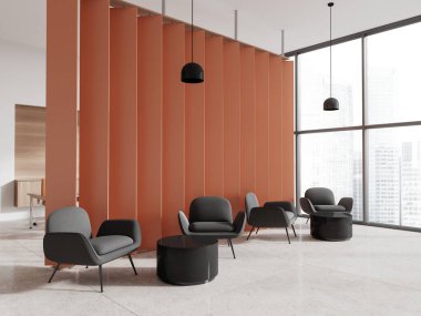 Beyaz iş yeri içi rahatlatıcı koltuklar, kahve masası, yan manzara portakal rengi bölme. Gökdelenlerde panoramik pencere, açık beton zemin. 3B görüntüleme