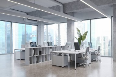 Ortak masada bilgisayar, yan görüş çekmecesi ve dokümanlarla dolu rafı olan beyaz ofis içi. Singapur gökdelenlerinde panoramik pencereli şık bir iş yeri. 3B görüntüleme